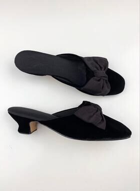 Olivia Rose Tal Black Velvet Mules Slip On Kitten Heels Ribbon Bow Womens M US 7